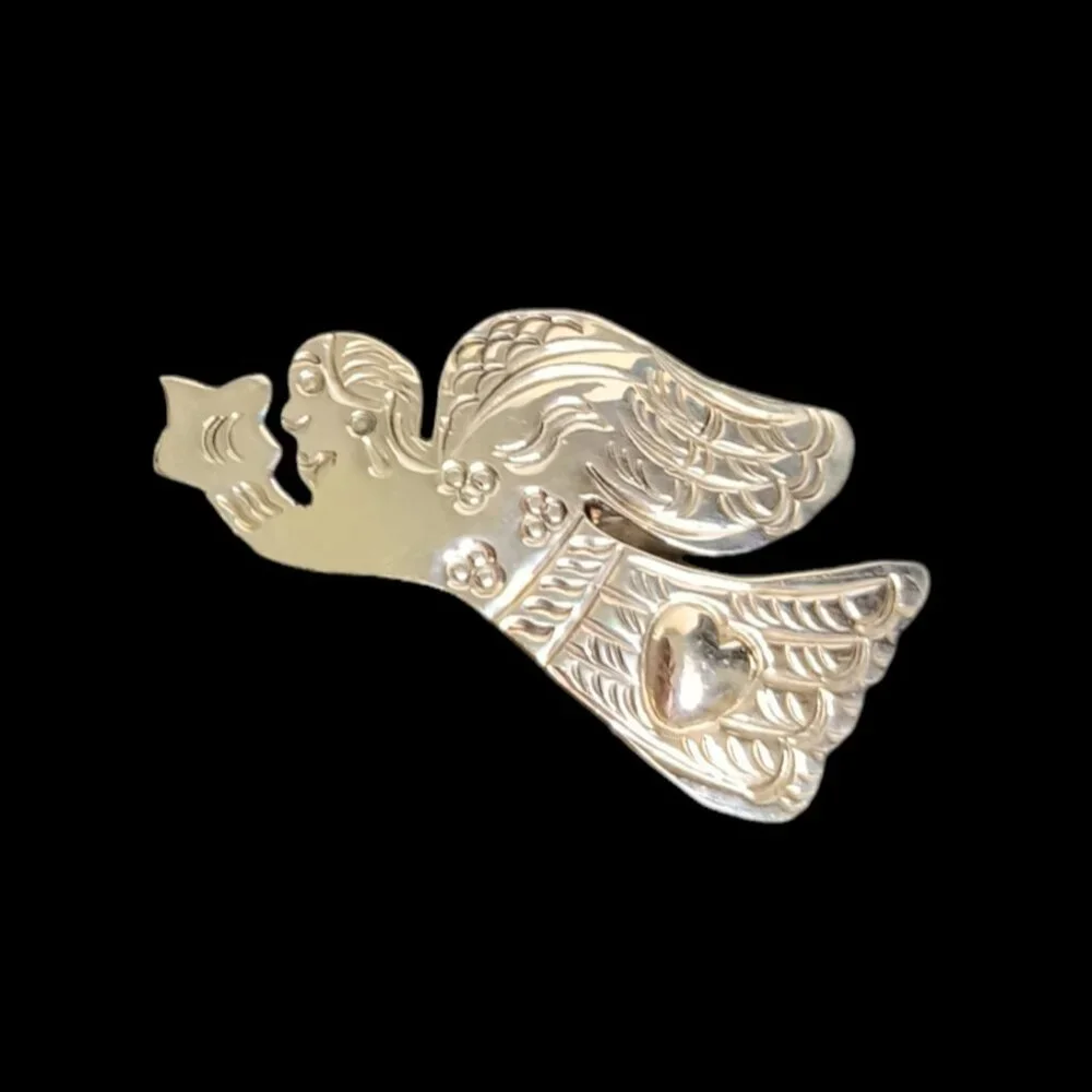 Vintage Silver Metal Angel With Star Heart Napkin Rings Set Of Six Angels Etched
